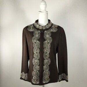 ST. JOHN COLLECTION Brown Embroidered Zip Front Jacket Blazer